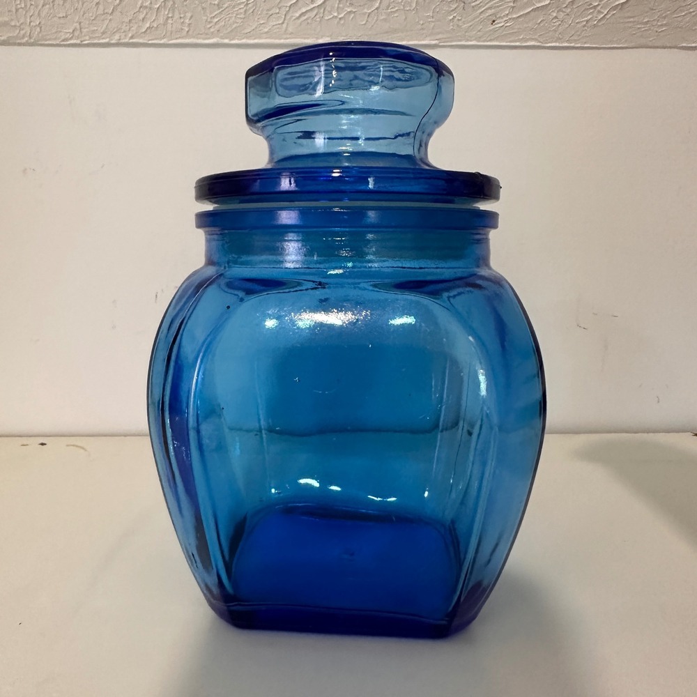 Vintage Cobalt Blue Glass Apothecary Jar Square Canister with Sunburst Lid